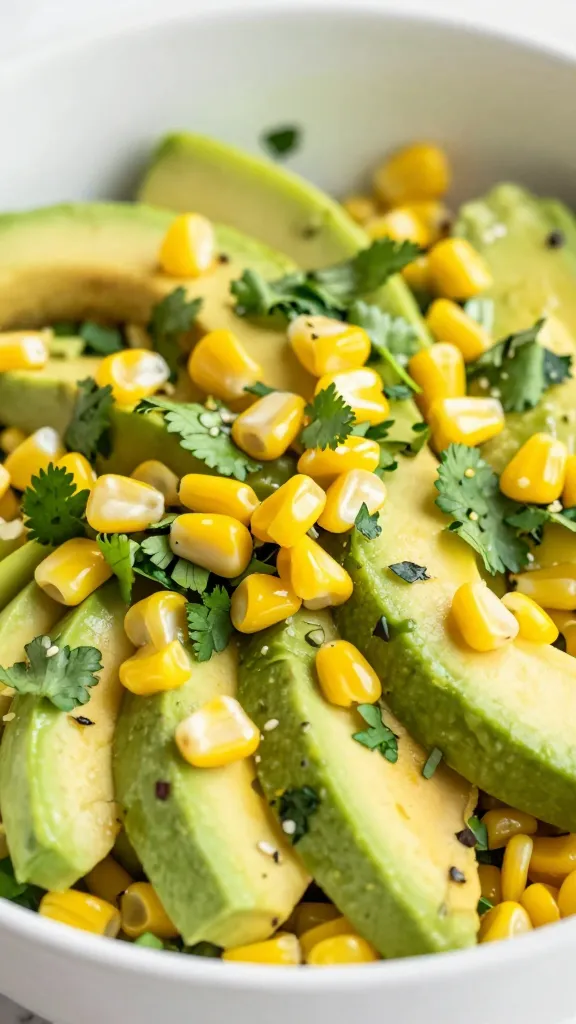 Bright avocado corn salad bowl with lime and cilantro close-up