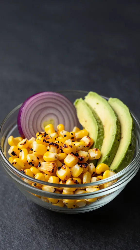 Grilled corn kernels, avocado, red onion in glass bowl, studio lighting