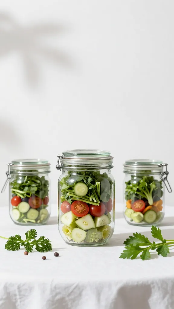 Summer picnic setup: salad jar, fresh herbs, white backdrop, soft shadows