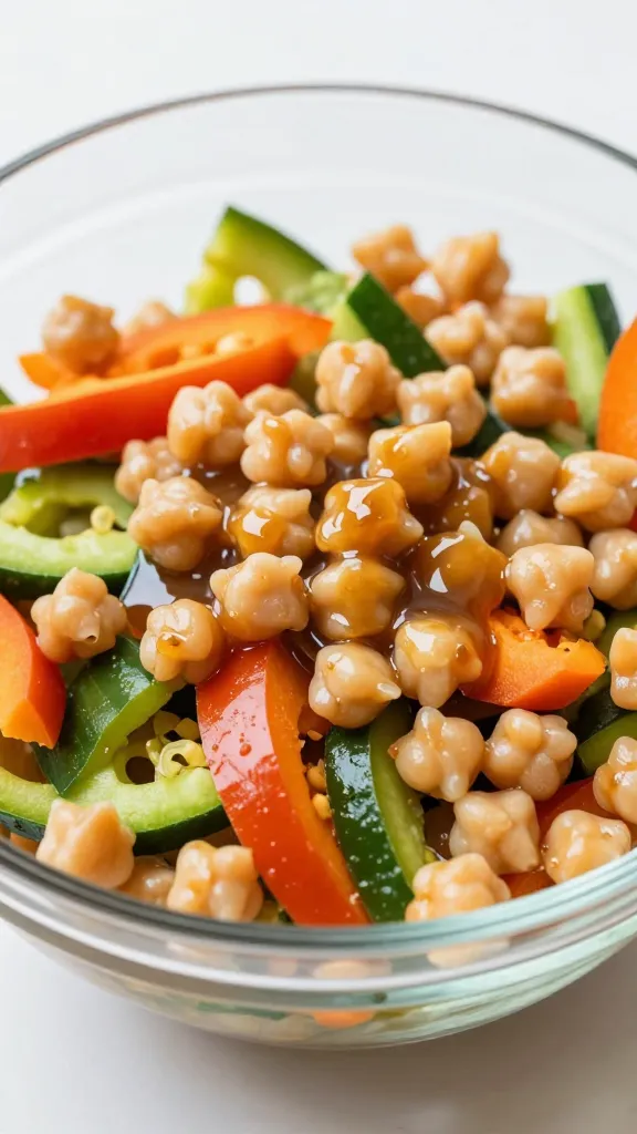 Colorful chopped veggies and chickpeas in glass bowl, dressing drizzle