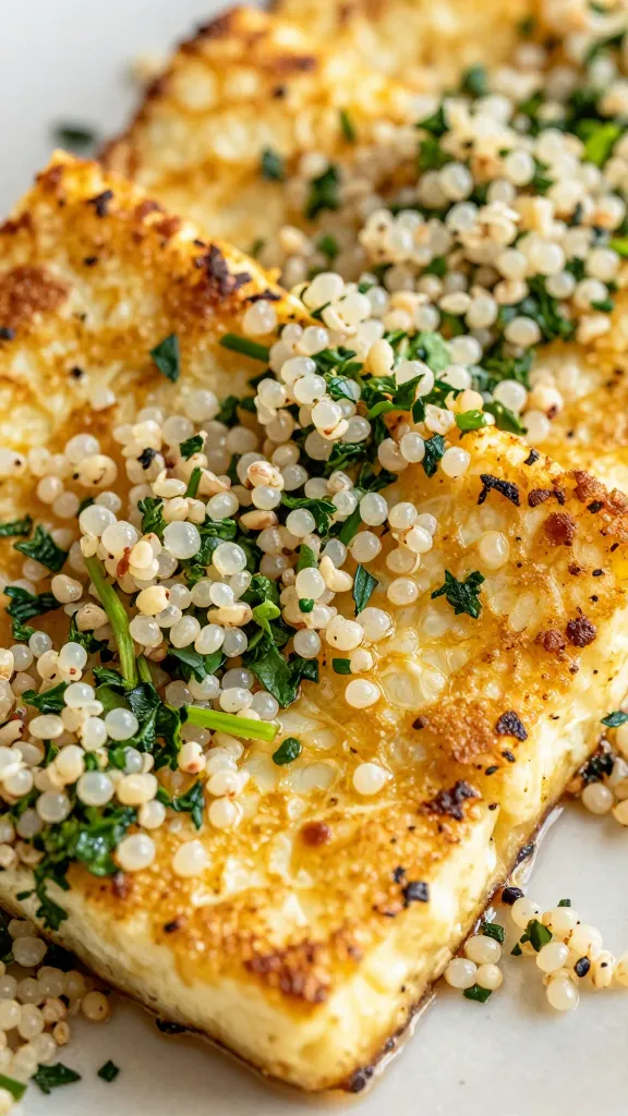 Close-up: golden crusted paneer with bright herbs and quinoa garnish