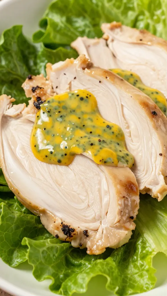 Close-up: juicy chicken slices over crisp greens, vibrant dressing