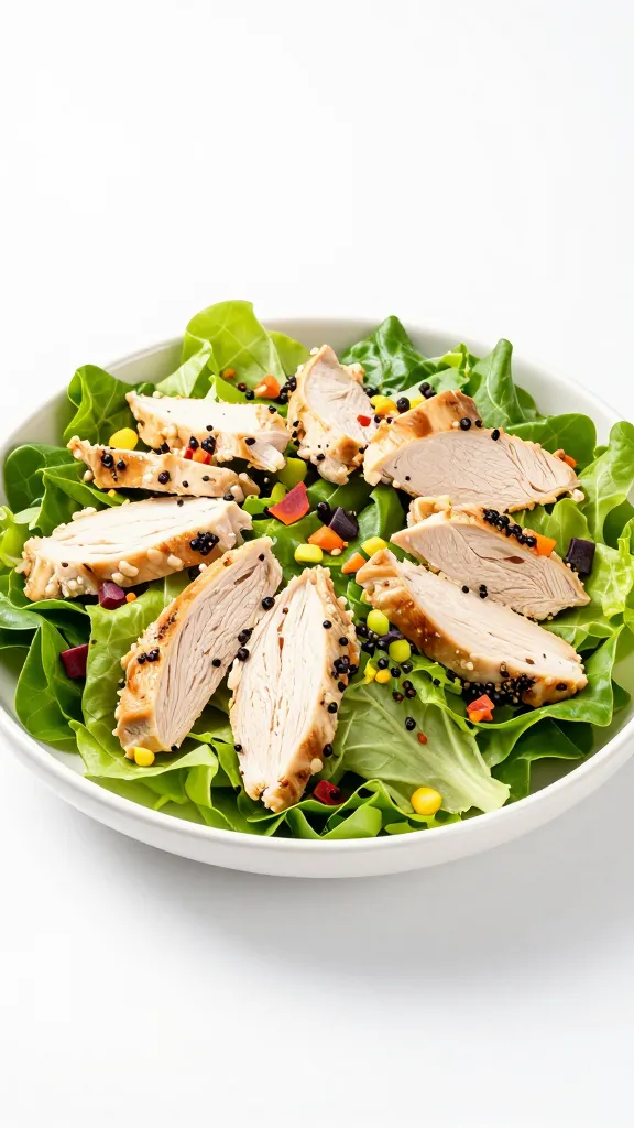 Gluten-free salad plating: fresh greens, chicken, colorful toppings, clean background