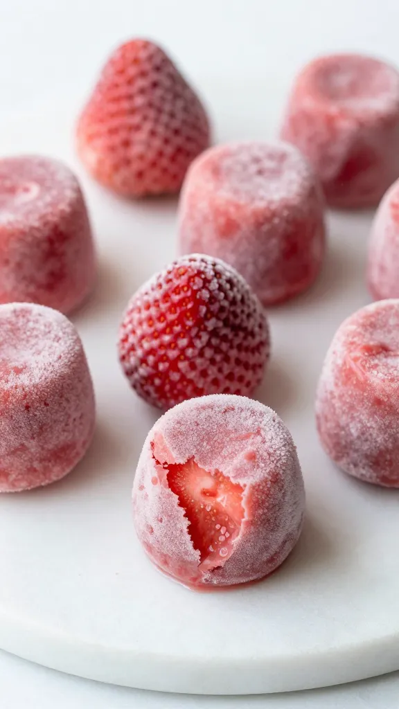 Frozen strawberry yogurt bites on white marble platter