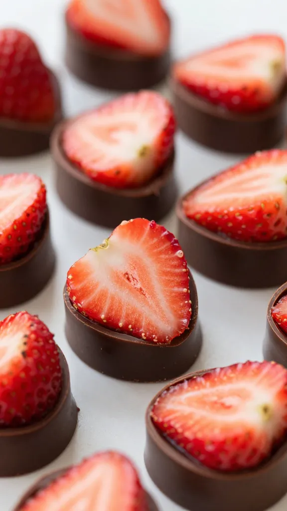 Close-up of glossy chocolate shells over strawberry bites