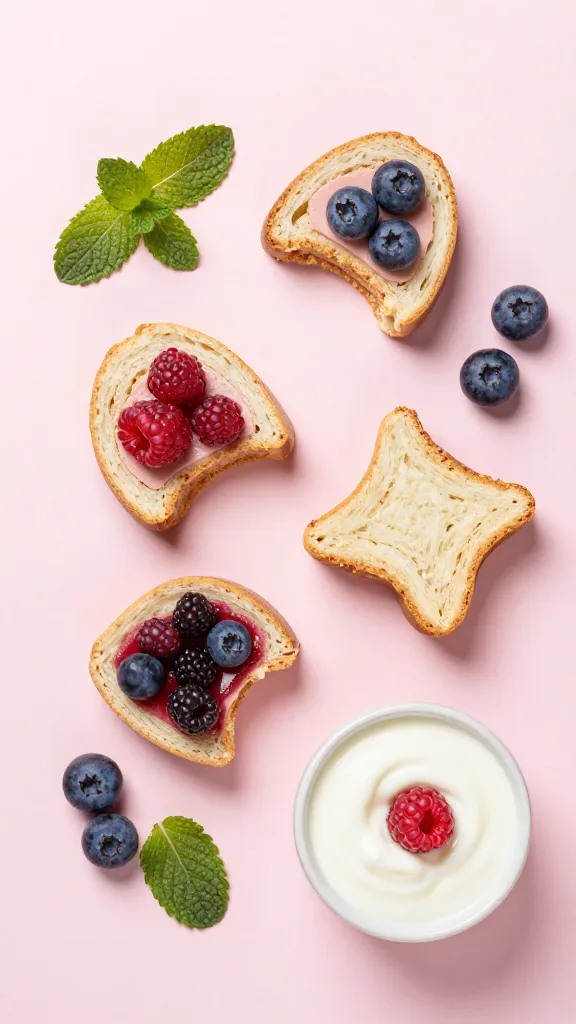 Flat lay of bites, berries, yogurt, and mint on pastel backdrop