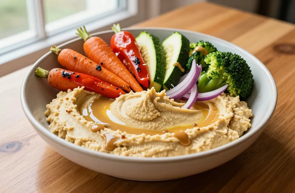 Vegan Hummus Bowl with Roasted Vegetables and Tahini Drizzle: Easy Weeknight Win