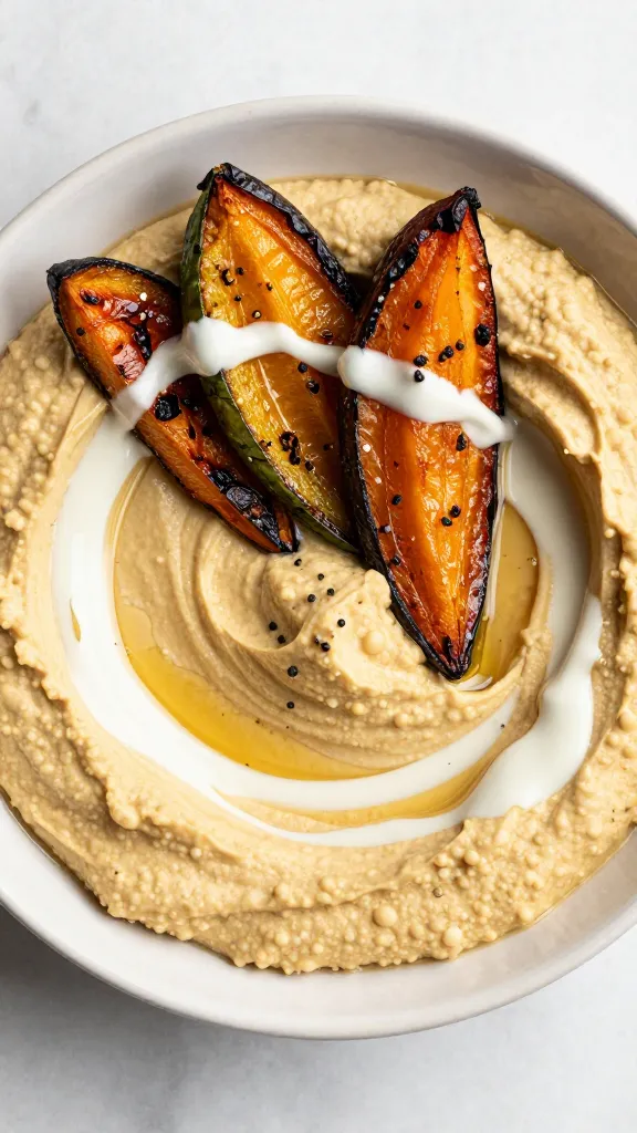 Vegan hummus bowl with roasted vegetables, tahini drizzle