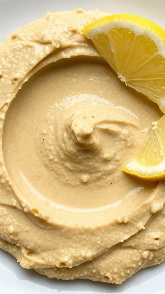 Close-up of velvety hummus base, lemon and garlic accents