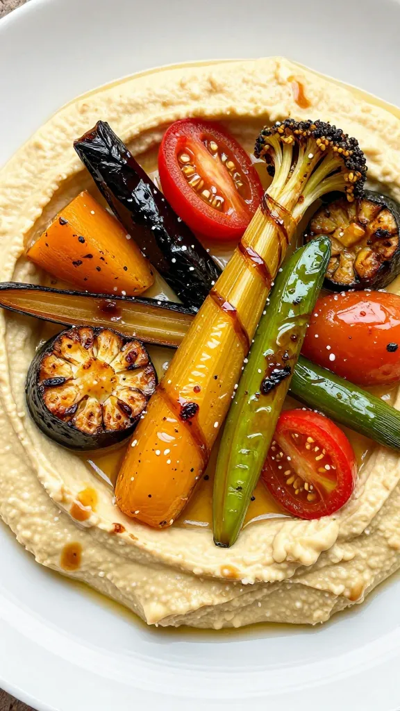 Colorful roasted veg arrangement atop hummus, with drizzle detail