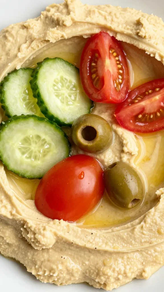 Close-up of hummus topped with cucumber, tomatoes, olives