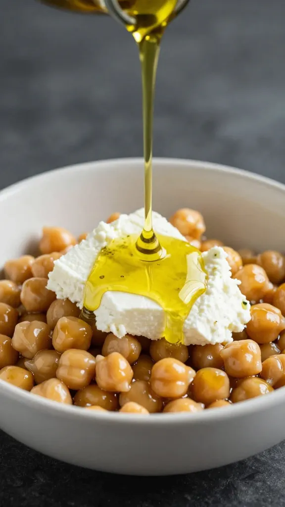 Olive oil drizzle over feta and chickpeas in bowl