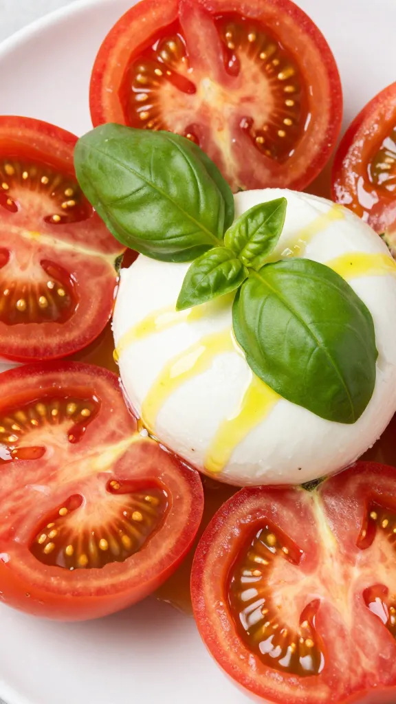 Close-up of heirloom tomatoes, mozzarella, basil, olive oil drizzle
