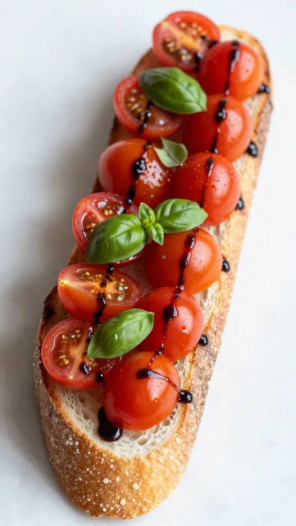 Sliced baguette toast with cherry tomatoes, basil, balsamic glaze