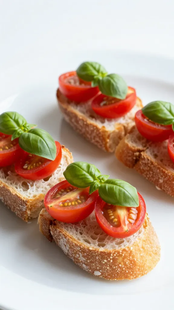 Mini tomato basil sandwich on baguette rounds, bright natural light
