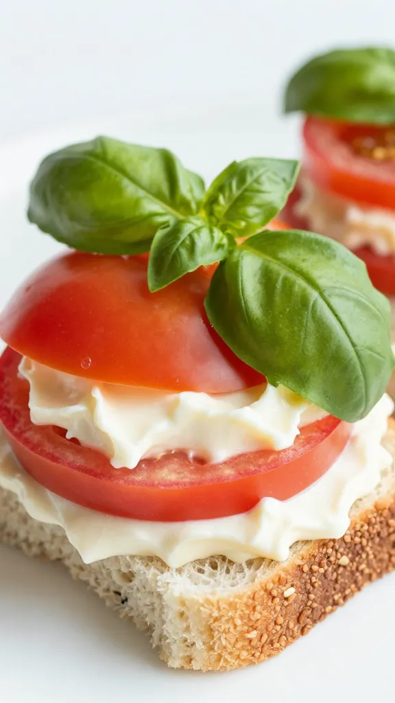 Close-up of tomato basil bite-sized sandwich, creamy spread visible
