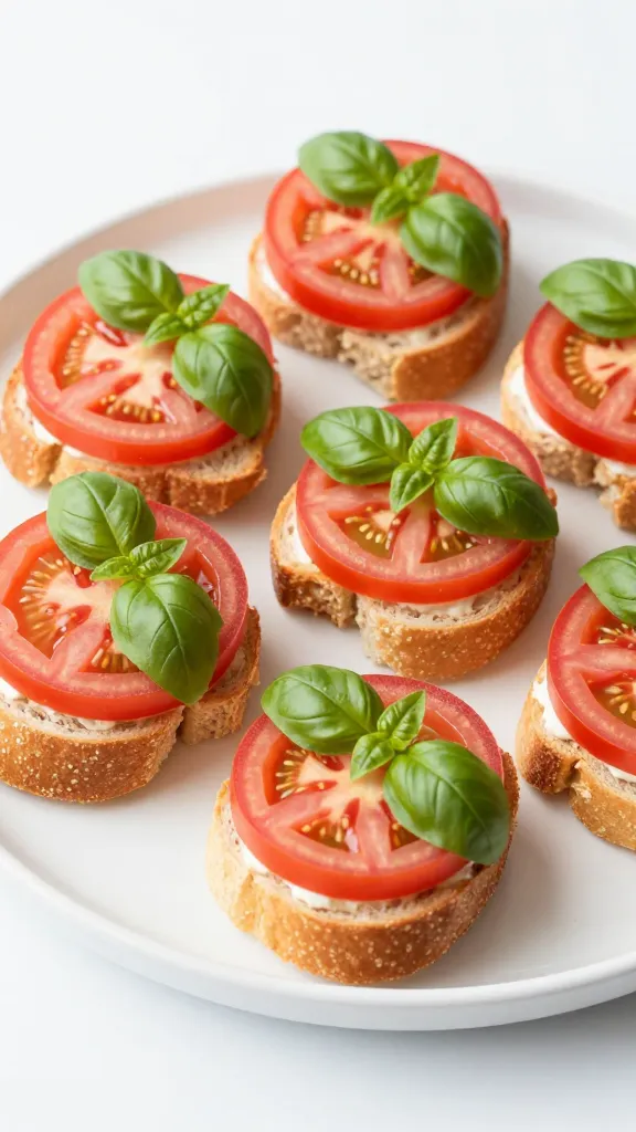 White platter with sliced tomatoes, fresh basil, and mini brioche sandwiches