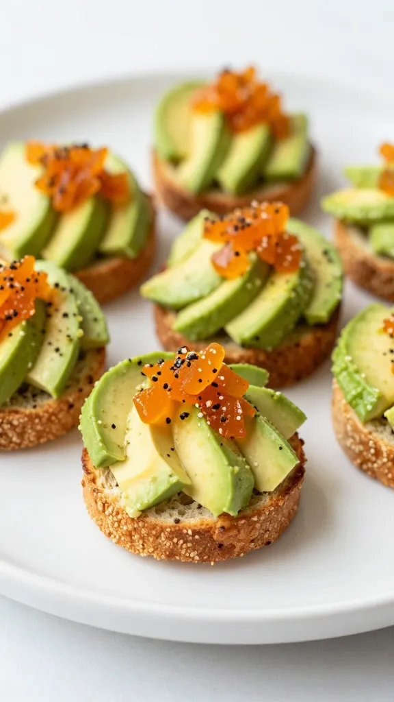 Mini avocado toast bites on white plate, crisp edges, vibrant toppings