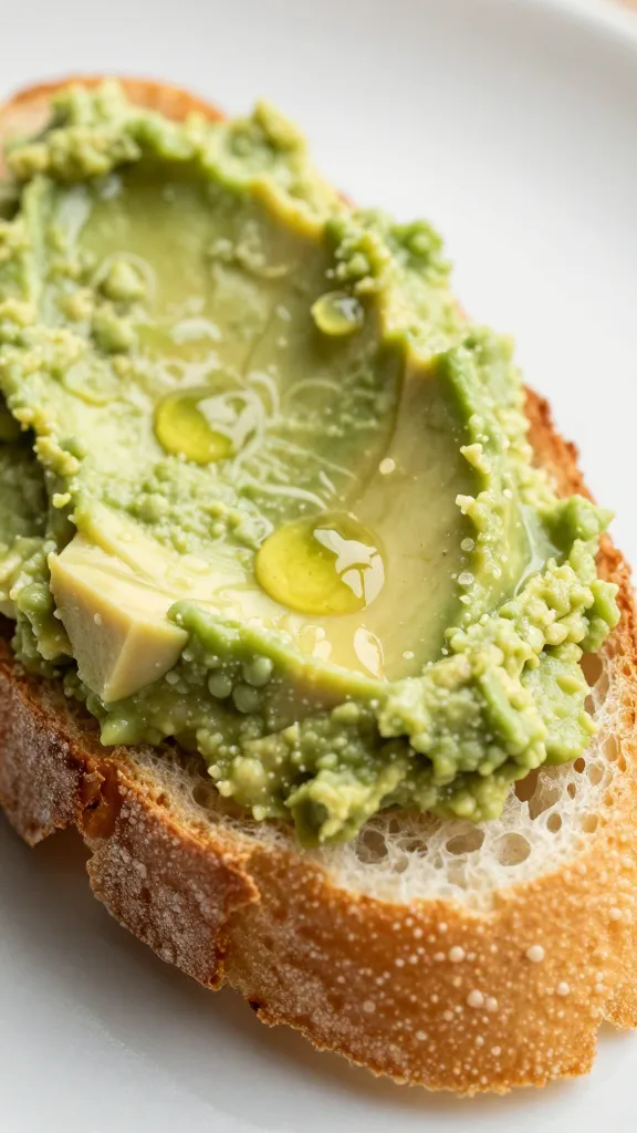 Close-up of avocado spread on baguette slice, lime juice droplets