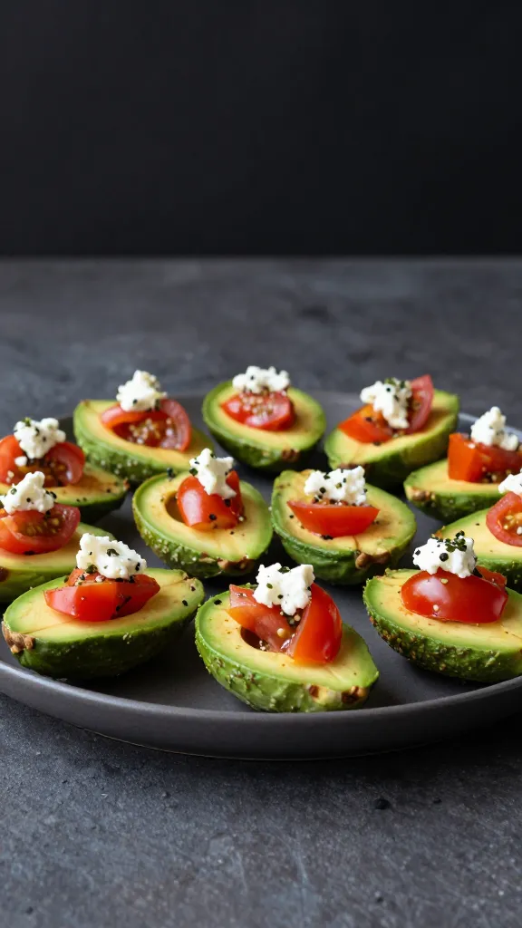 Platter of assorted mini avocado bites with tomatoes and feta, studio lighting