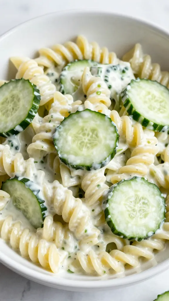 Creamy cucumber pasta salad in bowl, crisp cucumbers