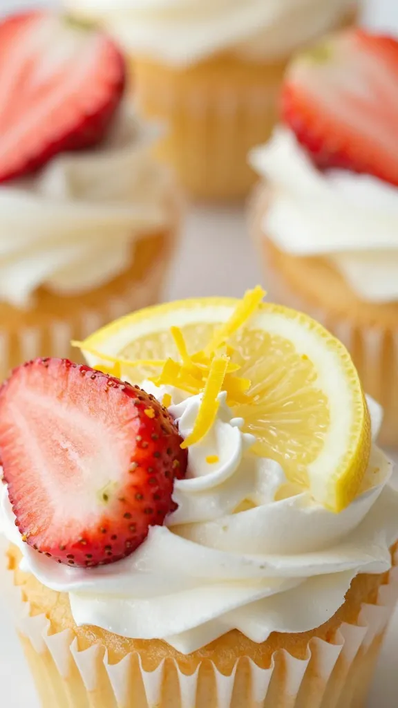 Close-up of lemon zest and sliced strawberry atop cupcakes