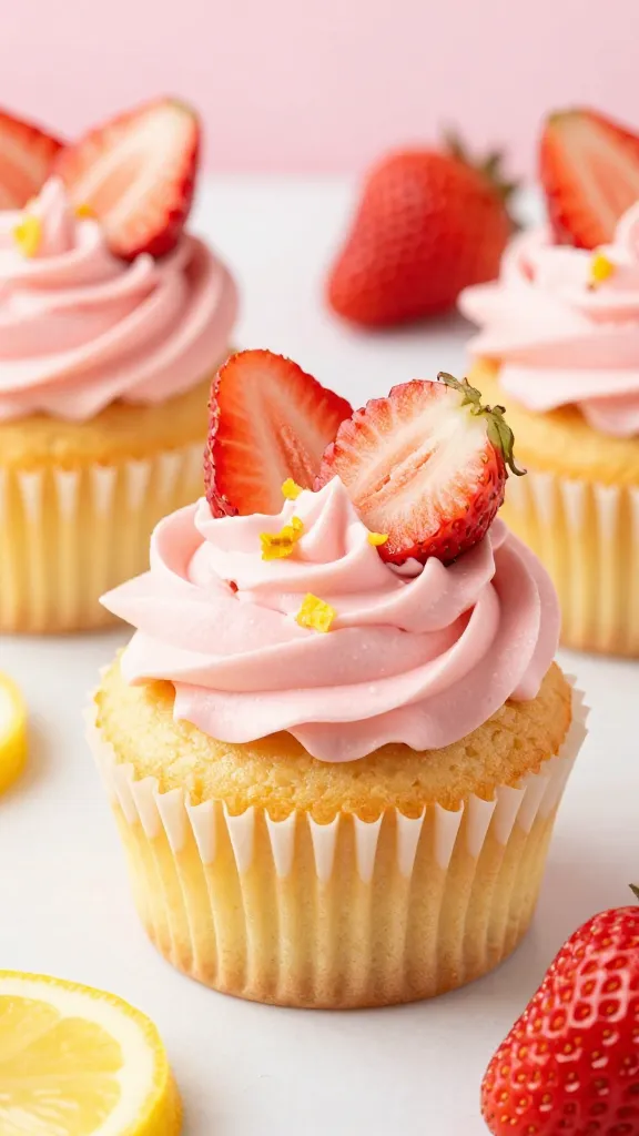 Strawberry lemon cupcakes on white pedestal, bright natural light