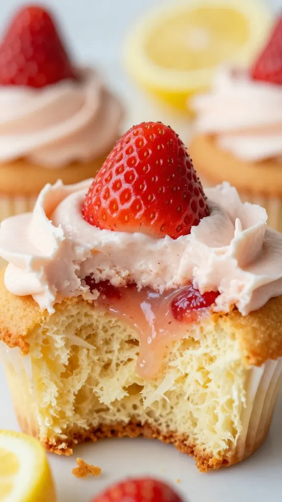 Light-filled kitchen scene with frosted strawberry-lemon cupcakes on marble counter