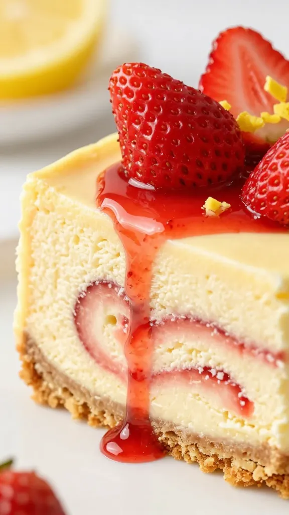 Lemon strawberry swirl cheesecake slice on white plate