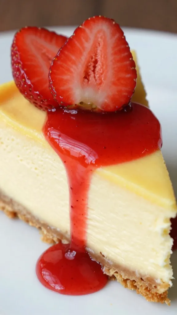 Cheesecake with swirled lemon-strawberry topping on marble surface