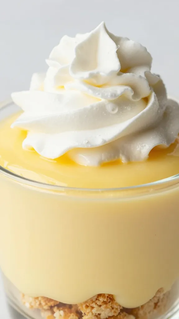 lemon curd parfait layers in glass, bright studio lighting