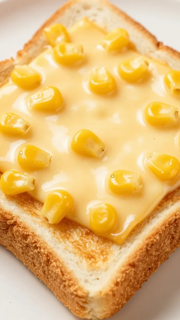 toasted bread slices with melted cheese and corn kernels, macro