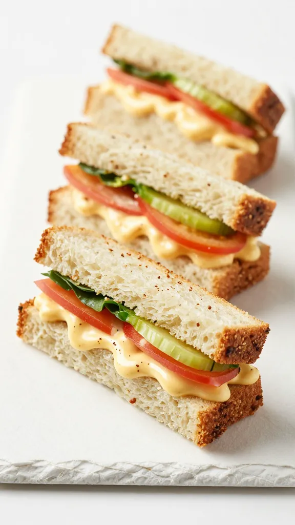 Spiced mayo veggie finger sandwiches on white slate plate