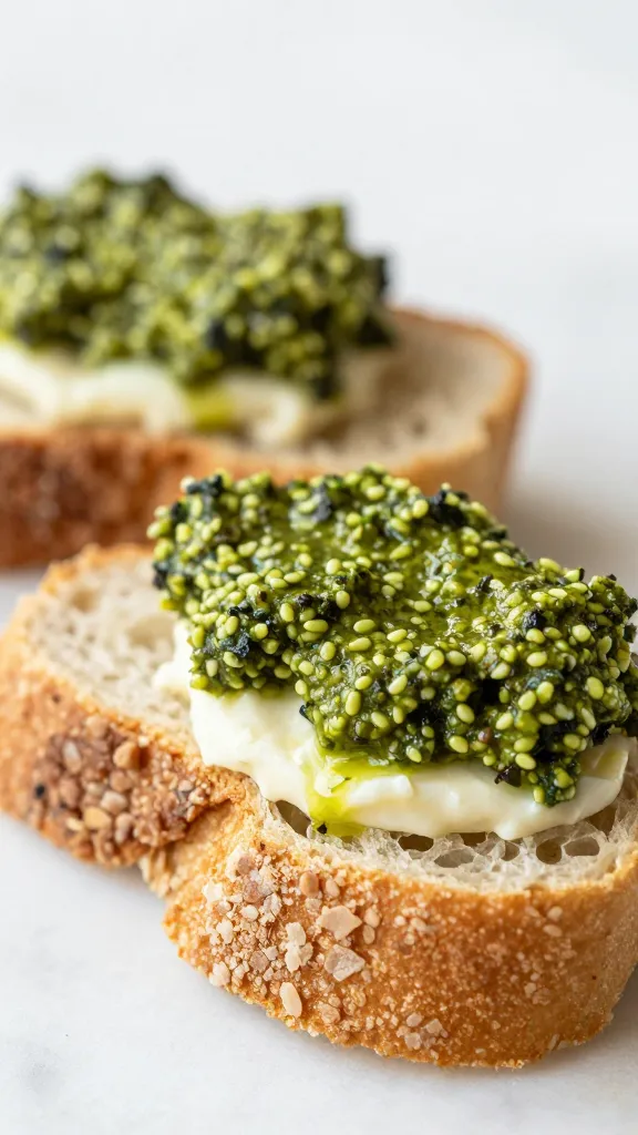 Pesto veggie finger sandwiches on rustic bread, close-up bite shot