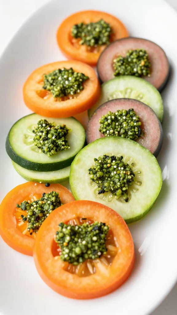 Colorful veggie slices with bright pesto, diagonal platter display
