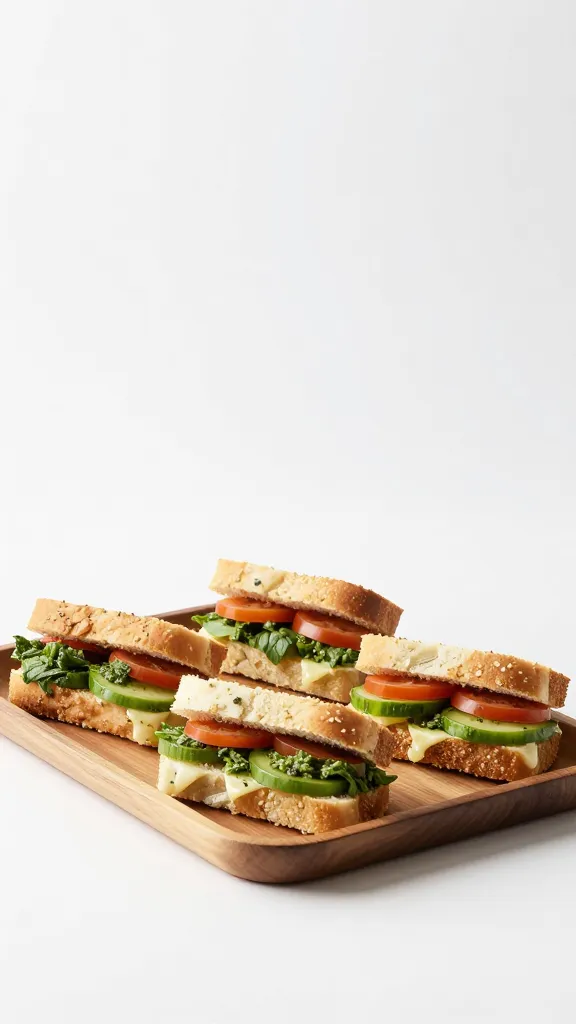 Elegant tray of pesto veggie finger sandwiches, studio white backdrop