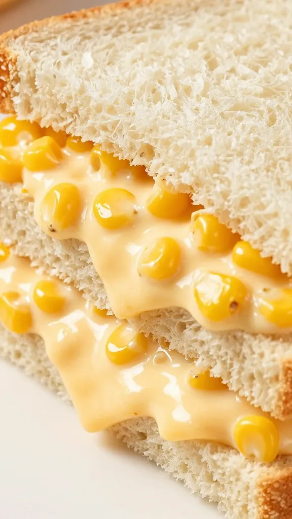 close-up of corn and cheese tea sandwich halves on white plate
