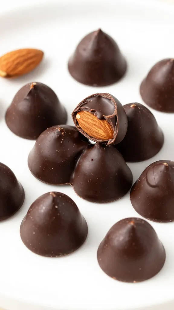 Dark chocolate almond clusters on white plate with almonds