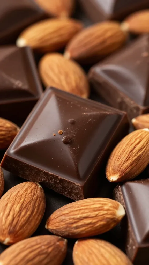 Close-up of glossy dark chocolate clusters and almonds
