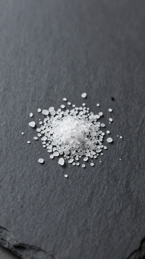 Minimalist shot: clusters on slate, salt crystals sprinkle