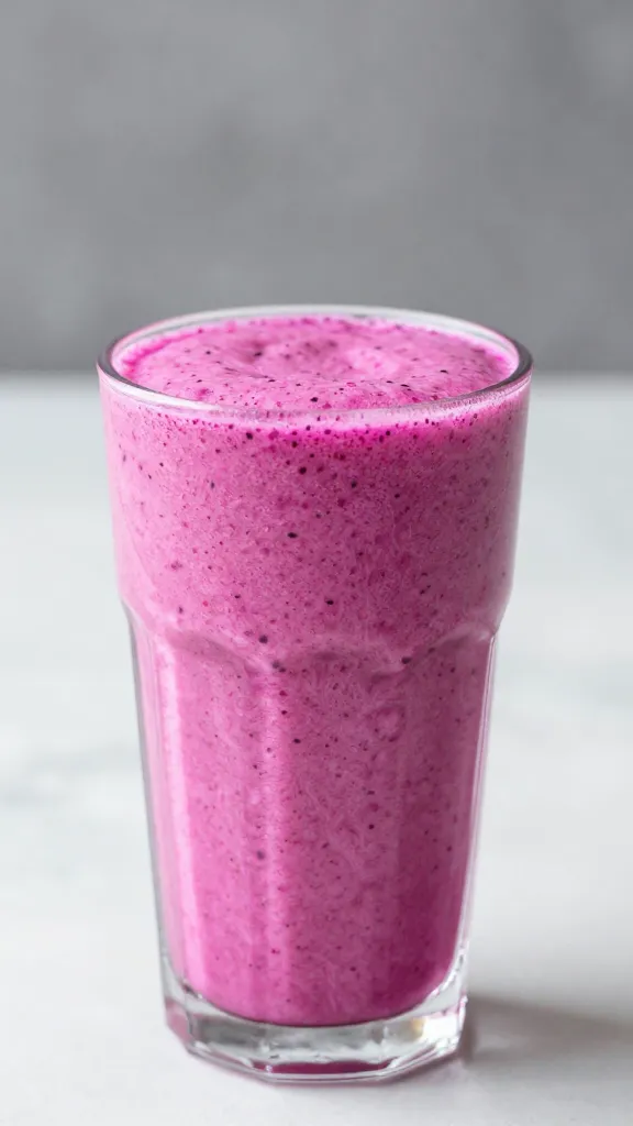 Pink dragon fruit smoothie in glass with coconut milk swirl