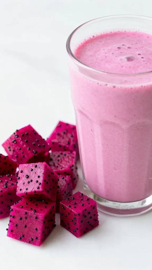 Frozen dragon fruit chunks beside creamy pink smoothie