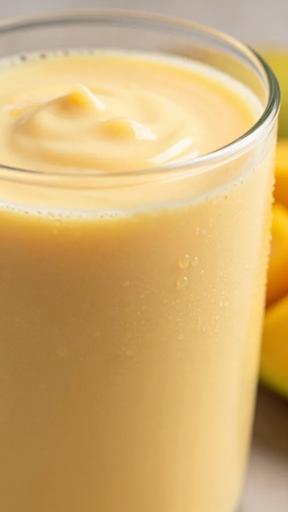 Mango coconut water smoothie in glass, tropical glow lighting