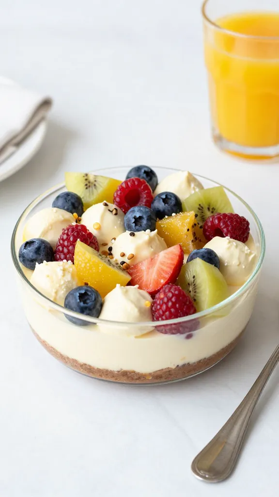Bright brunch desk with bowl of tropical cheesecake salad