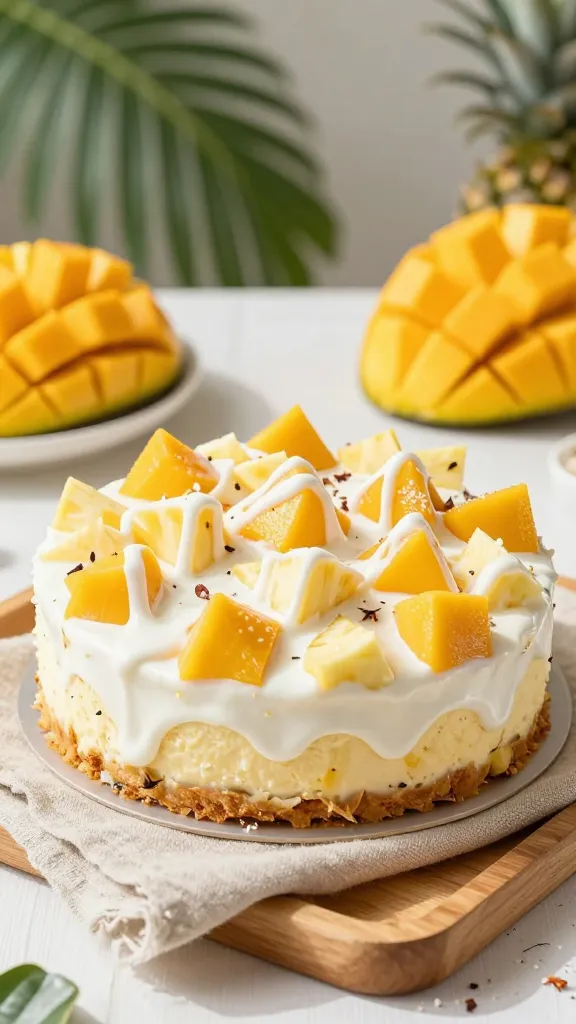 Mango cheesecake salad in glass bowl, tropical lighting