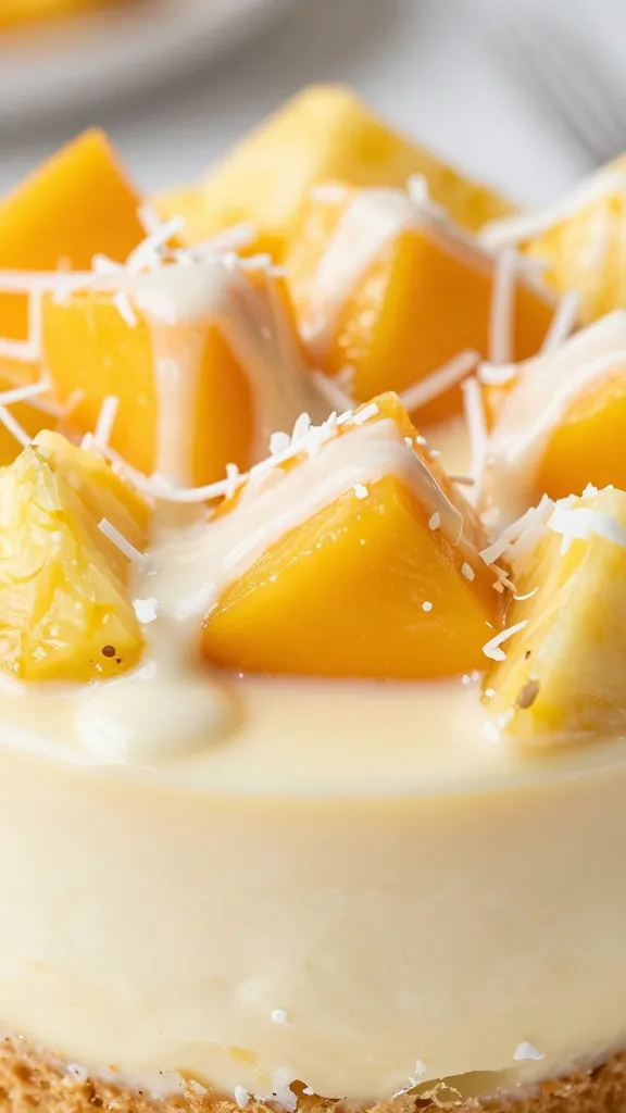 Fresh mango cubes with creamy dressing swirl, white backdrop