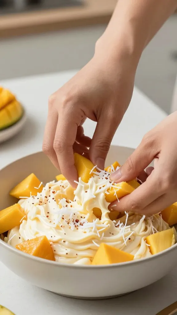 Close-up: glossy cheesecake-mango salad in pastel dish, soft focus