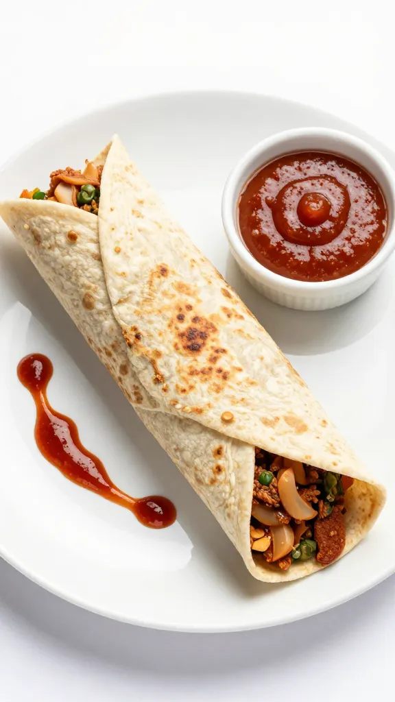 Travel Solo As A Women All Across The Globe!!! Finished Indian wrap on clean white plate, chutney drizzle