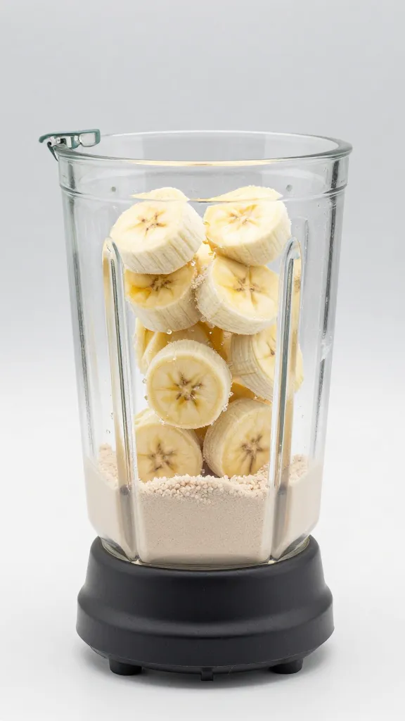 Frozen banana and protein powder in blender jar, studio lighting