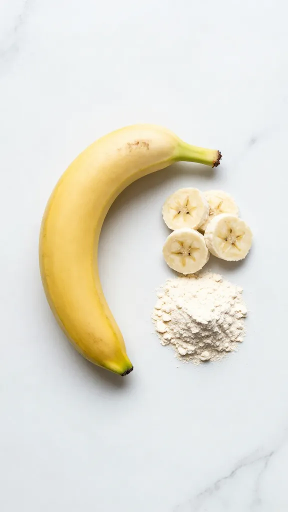 Minimalist shot: ingredients arranged (banana, protein powder) on marble counter